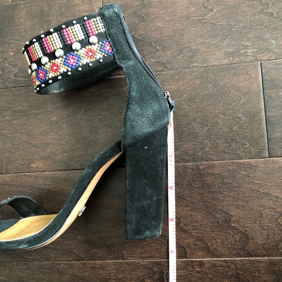 Schutz - Beaded & Studded Block Heel Sandals – Black Suede Open Toe - Size 8 - Picture 6 of 6